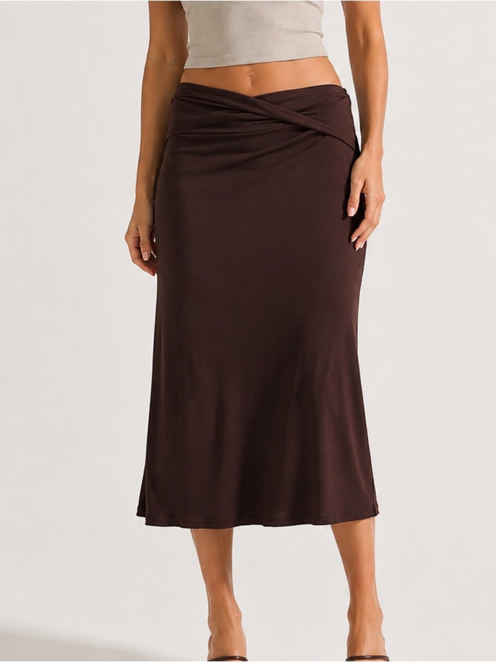 Donna Karan Urban Zen Jersey Midi Skirt Sz S Plum Brown Foldover Draped Waist